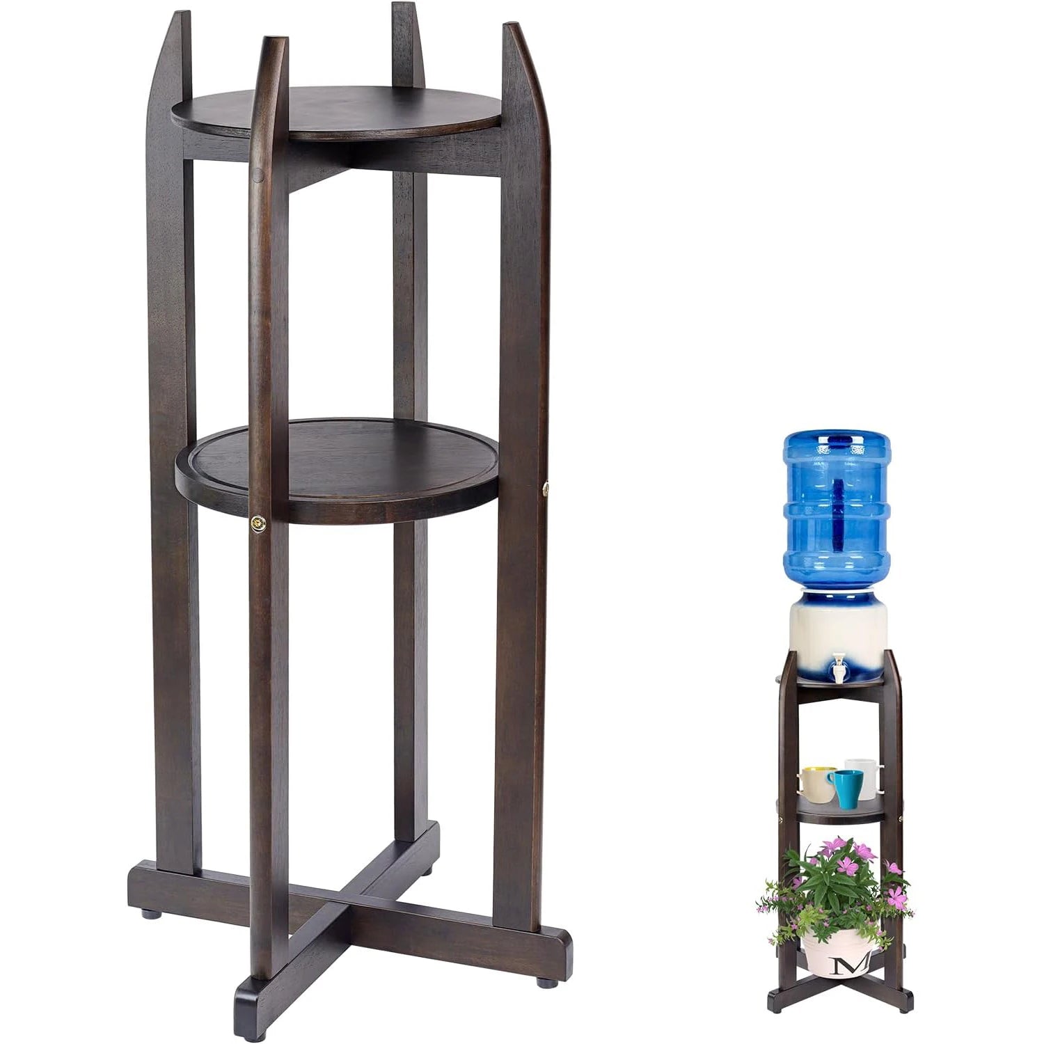 Walnut Wooden Water Dispenser Floor Display Stand Floor Standing Water Dispenser Drink Dispenser Floor Stand with 2 Round Shelf