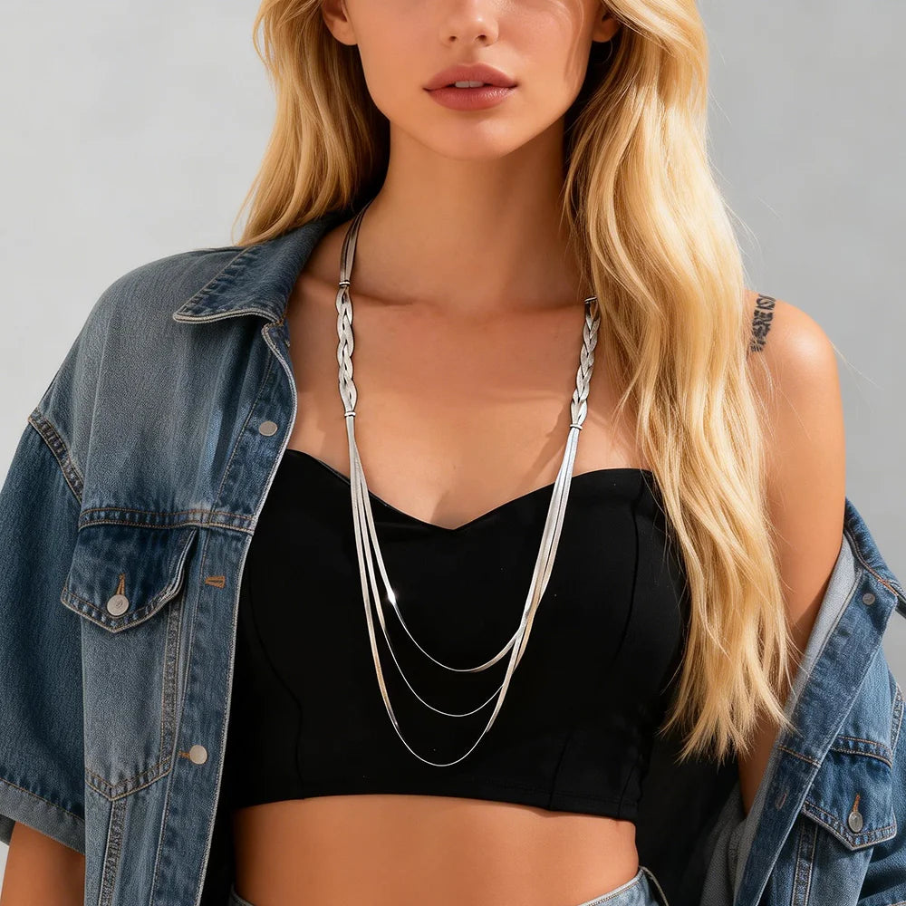 SHIXIN Multilayer Weave Flat Snake Copper Chain Necklace for Women Trendy Lady Street Long Necklaces Fashion Jewelry Accessories