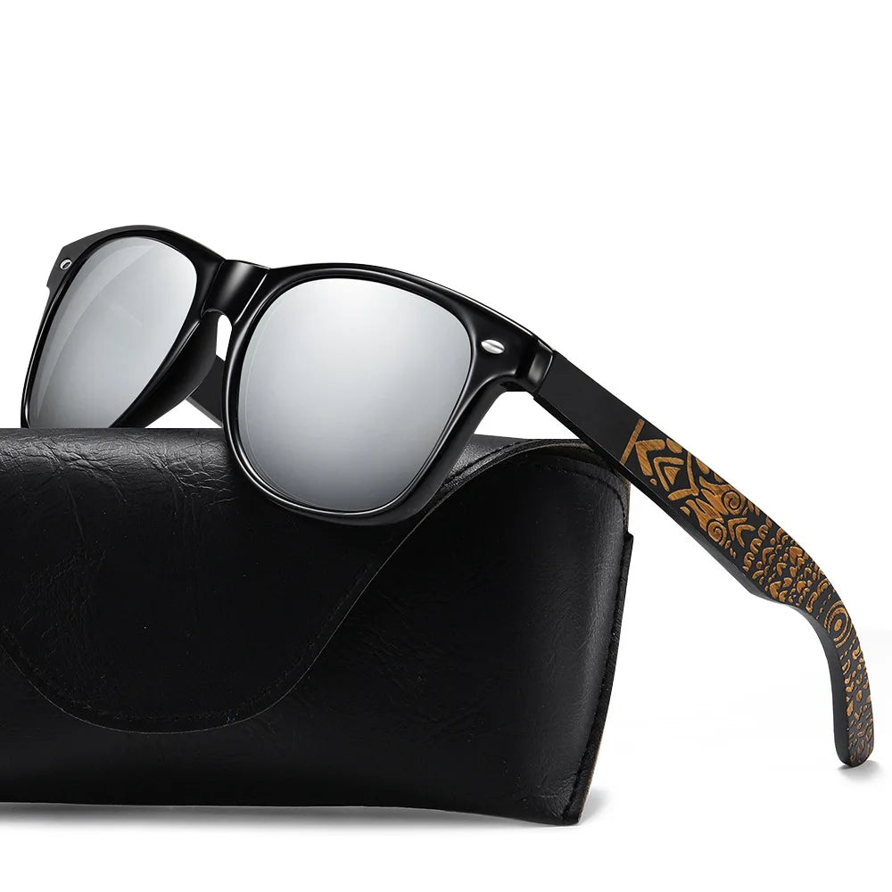 New Retro Polarized UV Handmade Engraved Plastic Frame Wood Bamboo Sun Glasses Wholesale Spring Temples Wooden Sunglasses