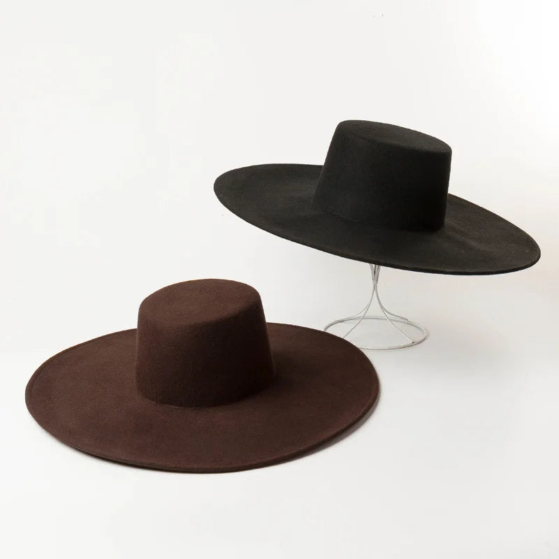Autumn Winter New Flat Top Woolen Top Hat Casual Fashion Wool Felt Boater Hat Wide Brim Fedora Hats