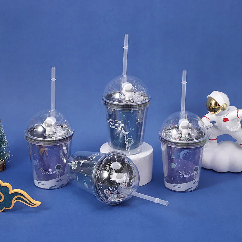 Promotional Kids Creative Small Plastic Carton Astronaut Shape Water Bottles with Straw