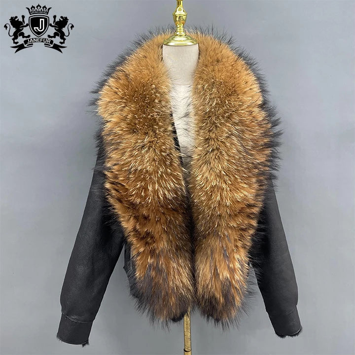 New Arrival Full Pelt Fox Raccoon Fur Collar Genuine Sheepskin Leather Fur Jacket Real Fox Fur Coat for Women