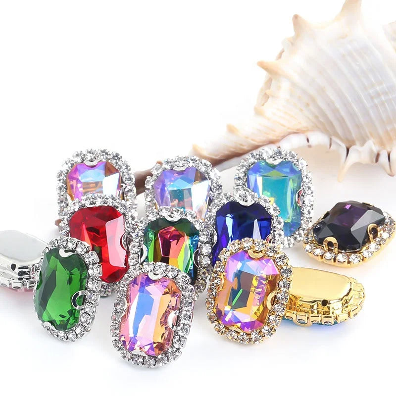 Wholesale Rectangle Shape Crystal Glass Rhinestone Cup Chain Claw 3D Sew-On Technique Loose Rhinestones 24 Facets Flatback DIY