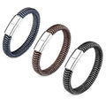 3 Colors Special String Wave Stripes Genuine Leather Stainless Steel Clasp Bracelet