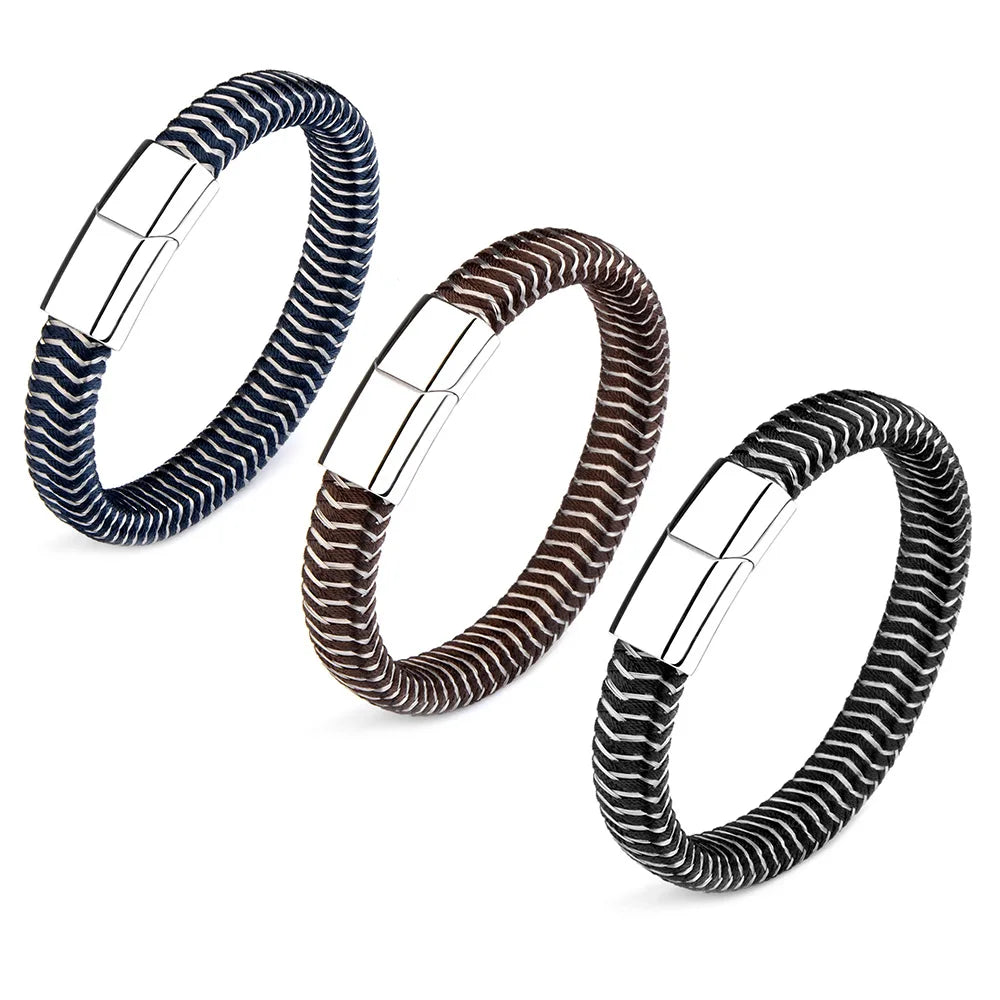 3 Colors Special String Wave Stripes Genuine Leather Stainless Steel Clasp Bracelet