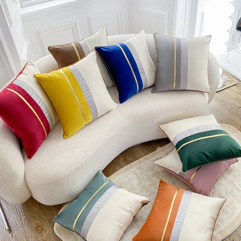 Luxury Gold Leather Woven Velvet Stitching Geometric Striped Square Home Hotel Pillow Covers 18x18 Inches Polyester/PU Material