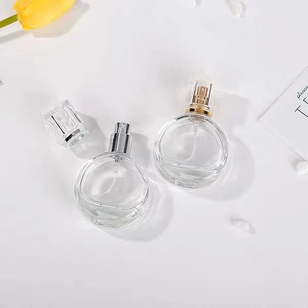 Empty Flat Round Refillable 25ml Perfume Glass Bottle