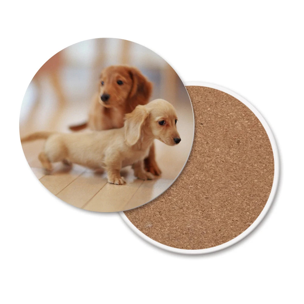 Little Dachshund Ceramic Eco-Friendly Round Drink Coaster Set UV Custom Cork Back Absorbent Dog Pet Blank Mats & Pads