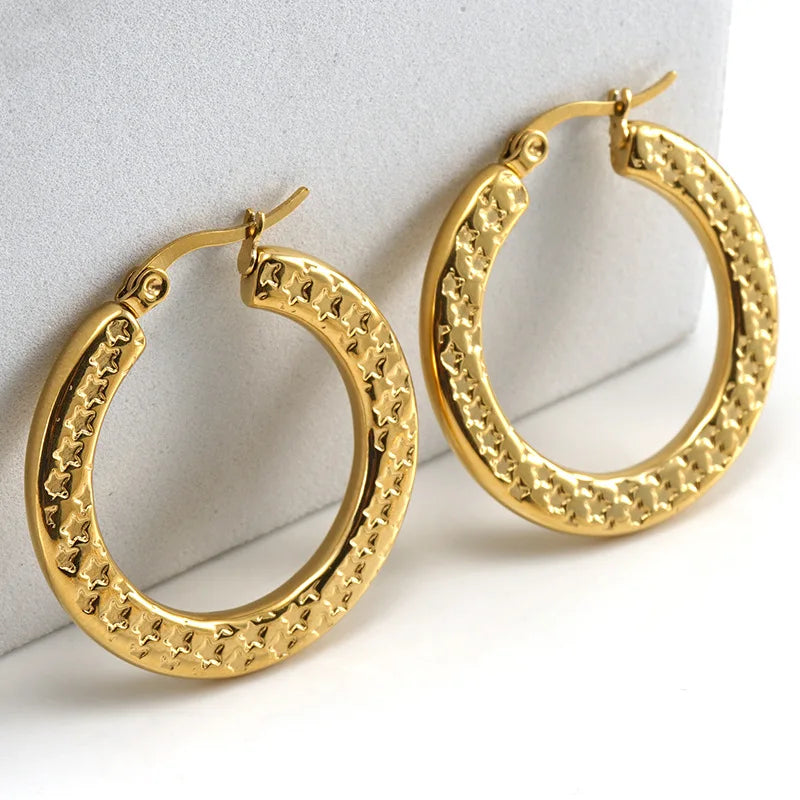 Designer Non Tarwaterproof Stainless Steel 18k Gold Plated Star Engraving Earring Popular Brands Jewelry Women