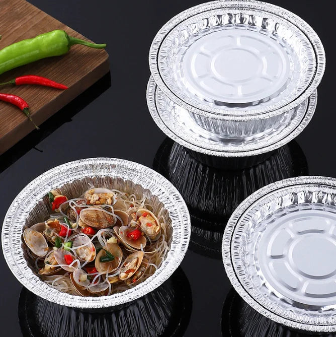 Round Disposable Take Away Carbon Baked Packaging Barbecue air Fryer Bowl Aluminum Foil Pizza Lunch Box Airline Food Container