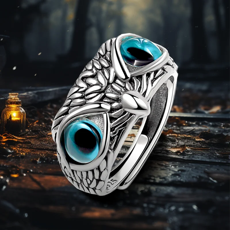 Retro Vintage Punk S925 Sterling Silver Eye Owl Ring Luxury Blue Stereo Zircon Thai Silver Opening Wedding Friendly