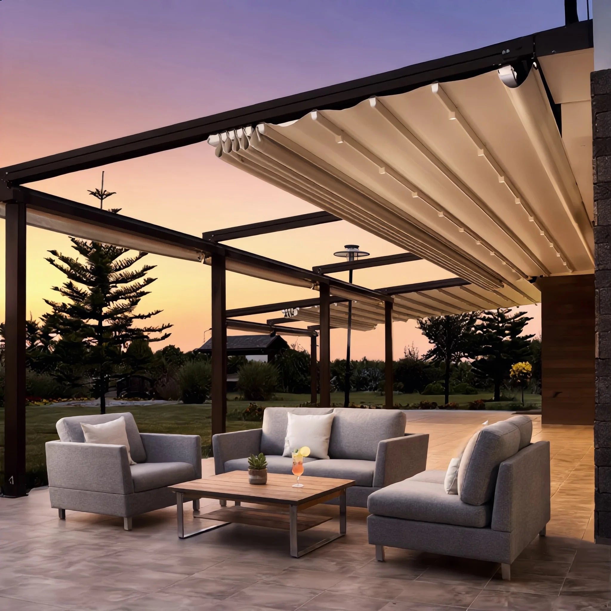 Custom Electric Retractable Bioclimatic Pergola Modern Garden Spaces Windproof Waterproof UV Protection Shade Control Powder