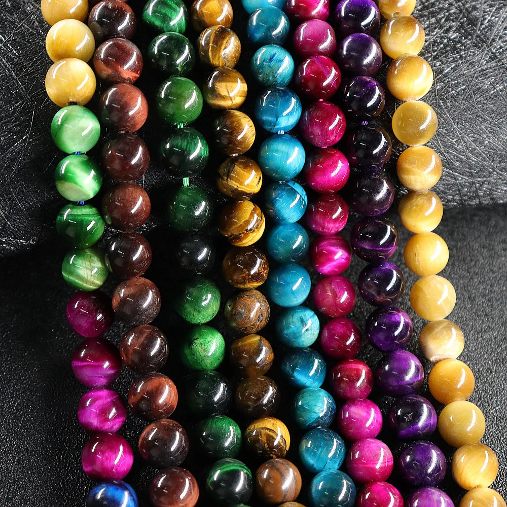 Natural Loose Gemstone Round Beads Color Tiger Eye DIY Jewelry Bracelet Accessories Colorful Tiger Eye Crystal Healing Beads