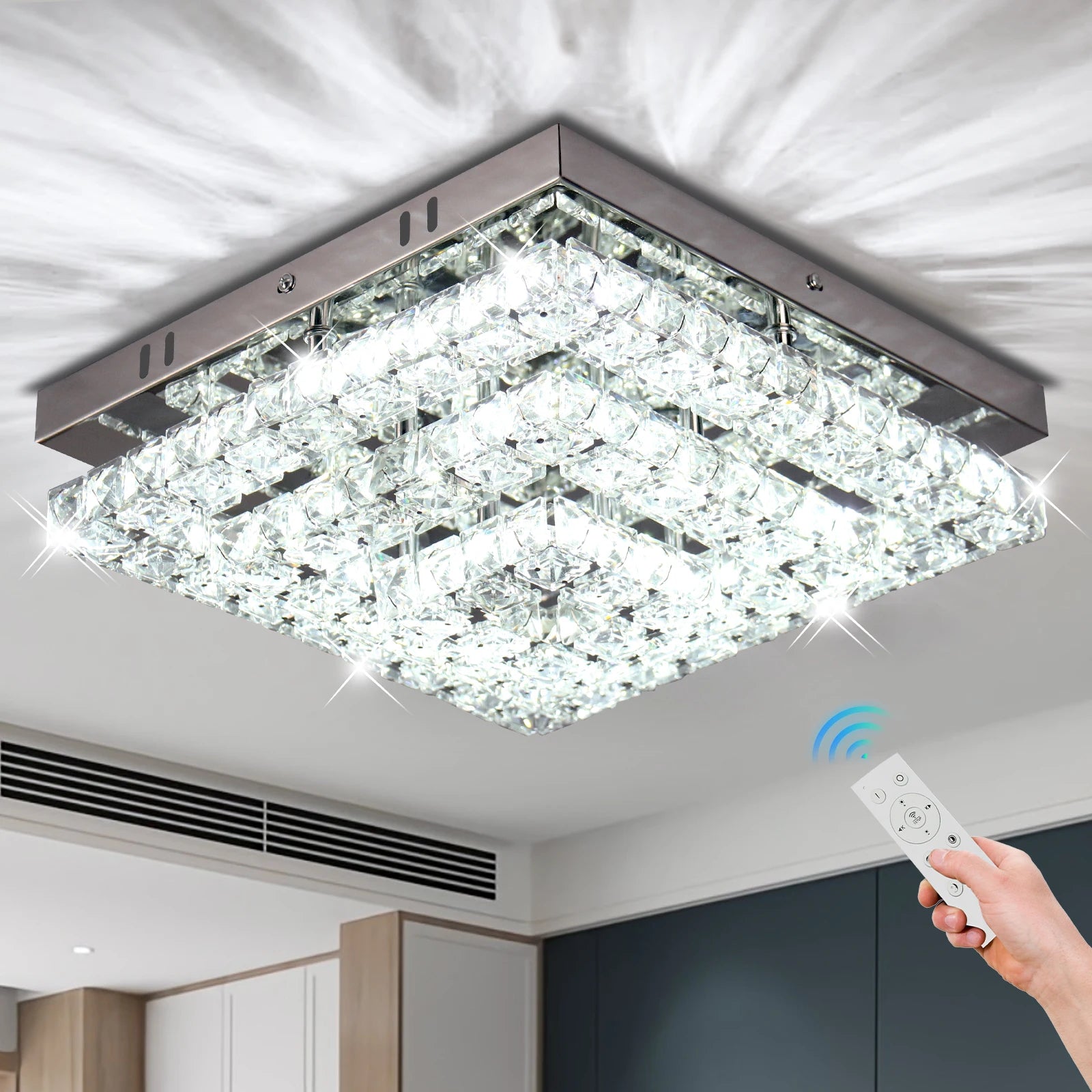 Dimmable LED Ceiling Light with Remote Control Square Crystal for Bedroom or Home Office for Surface Mounting