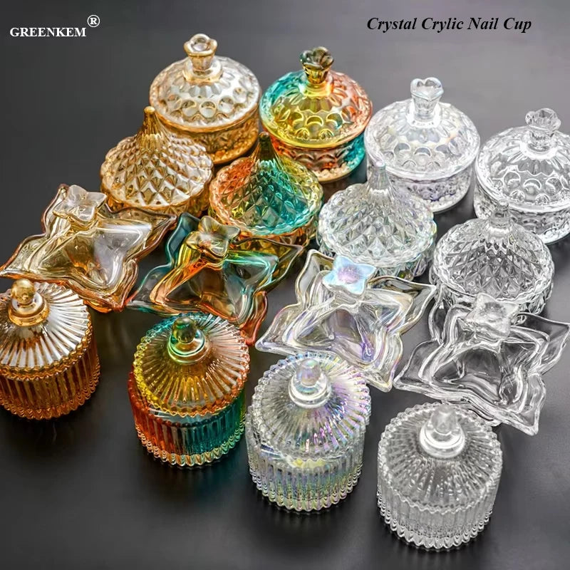 GREENKEM Champagne Iridescence Color Crystal Cup With Lid Square Crystal Glass Acrylic Powder Nail Cup