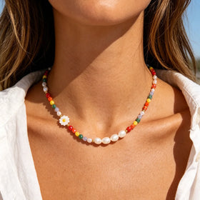MAIOU Vintage Trendy Handmade Cute Daisy Flower Candy Colored Multi Rainbow Beads Freshwater Pearl Necklaces