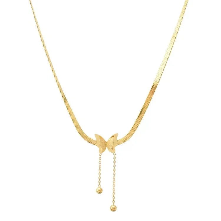 New Design Fashion Jewelry Stainless Steel 18k Gold Filled Snake Chain Butterfly Tassel Gold Choker Necklace