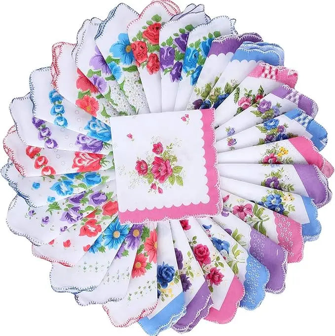 Panuelos De Mujeres Ladies 30x30cm Soft Cotton Hankies Vintage Scalloped Edge Floral Print Handkerchiefs for Wedding Decoration