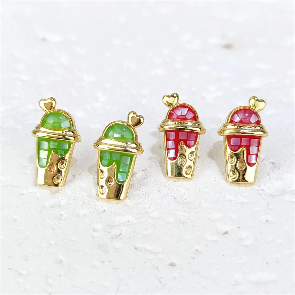 Latest Mother of Pearl Shell Jewelry Cup Shape Studs Milk Bubble Tea Oil Drop 925 Sterling Silver Earrings Gold Plated Studs