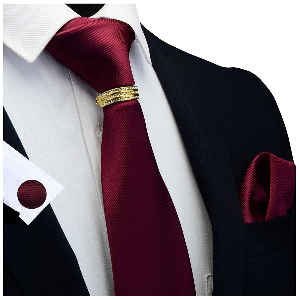 Fashion Classic Solid Plain 8cm Men Tie Pocket Square Cufflinks Set With Tie Clasp Ring Green Silk Necktie Suit Wedding Business