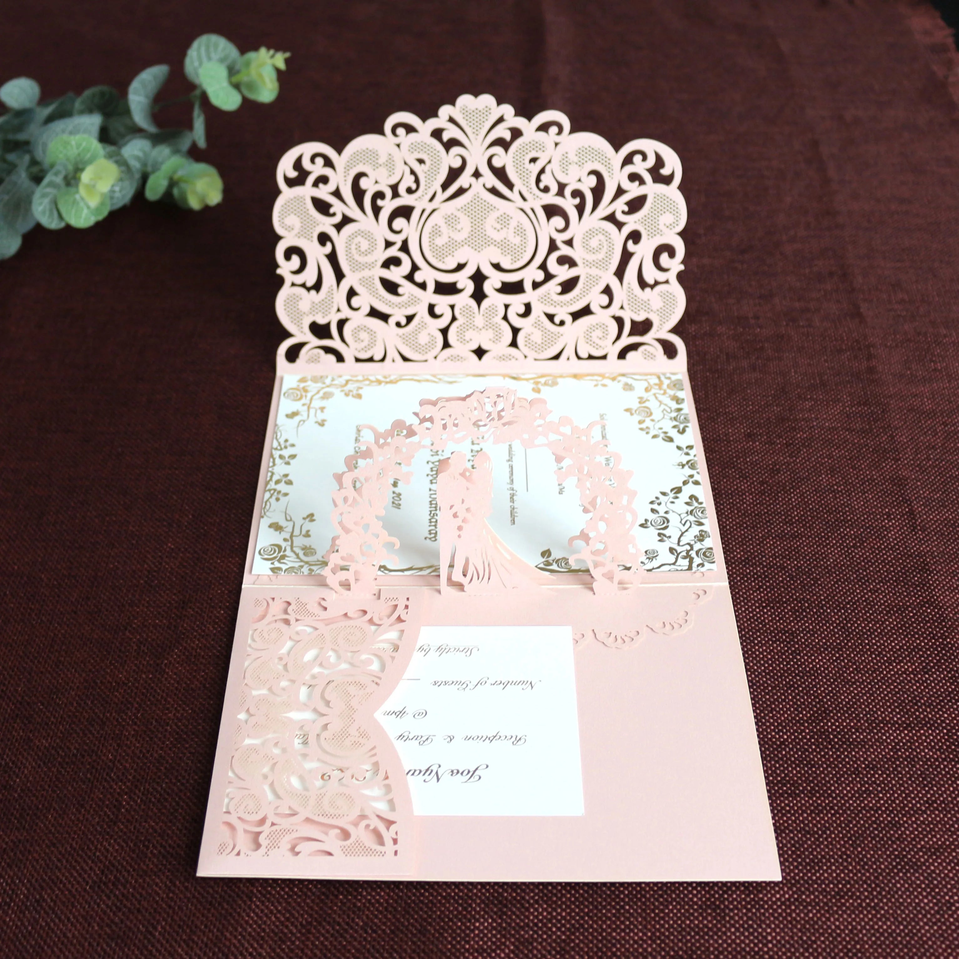 Handmade Luxury Blush Pink Wedding Paper Invitation Card Laser Cut 3D Pop-up Design Music Cross Angel Styles Includes Envelope