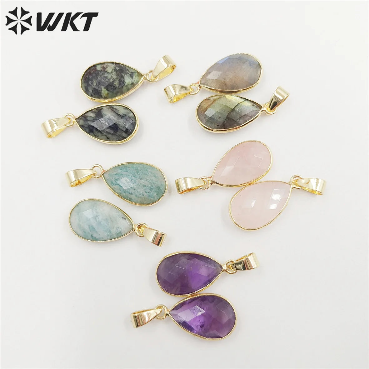 WT-P1891 Wholesale Fashion Gold Plated Bezel Setting Tiny Waterdrop Stone Pendant Amazonite Tiny Gemstone Drop Charms