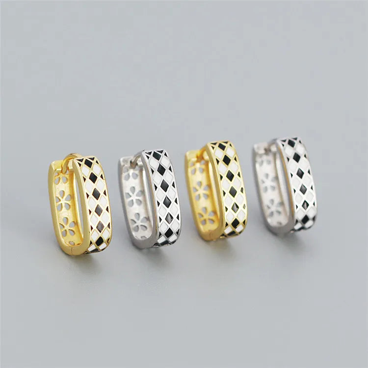 SP Korean Fashion Fine Jewelry 925 Sterling Silver Checkerboard Enamel Geometric Square Hoop Earrings
