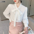 8721# Bow Tie Collar Shirt Spring Summer Fashion OL Style Blouse 2025 Korean Elegant Long Sleeve Clothing Female