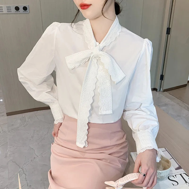8721# Bow Tie Collar Shirt Spring Summer Fashion OL Style Blouse 2025 Korean Elegant Long Sleeve Clothing Female