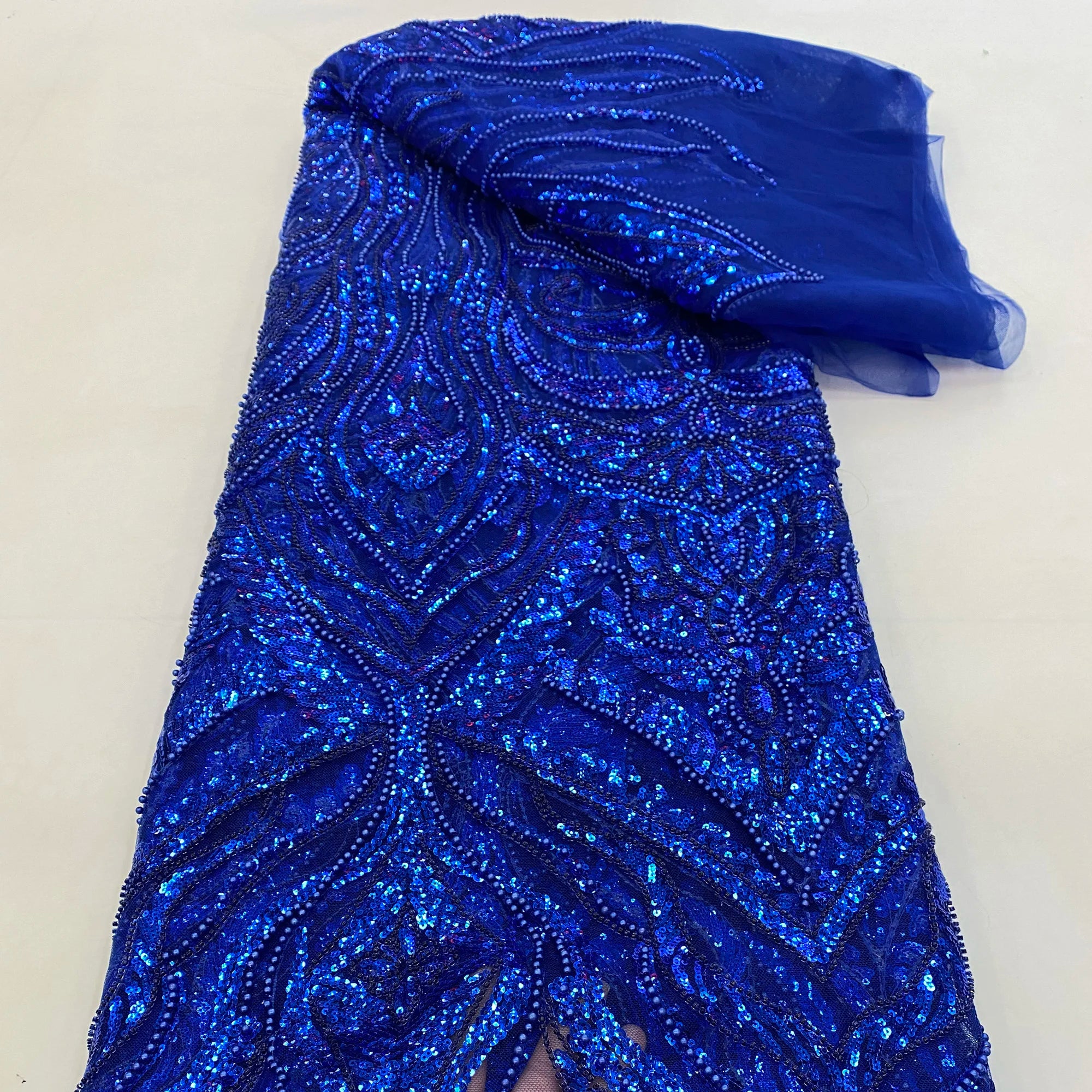 Wholesale Latest Royal Blue Crystal Beaded Sequins Wedding Bridal Embroidery Beads Fabric