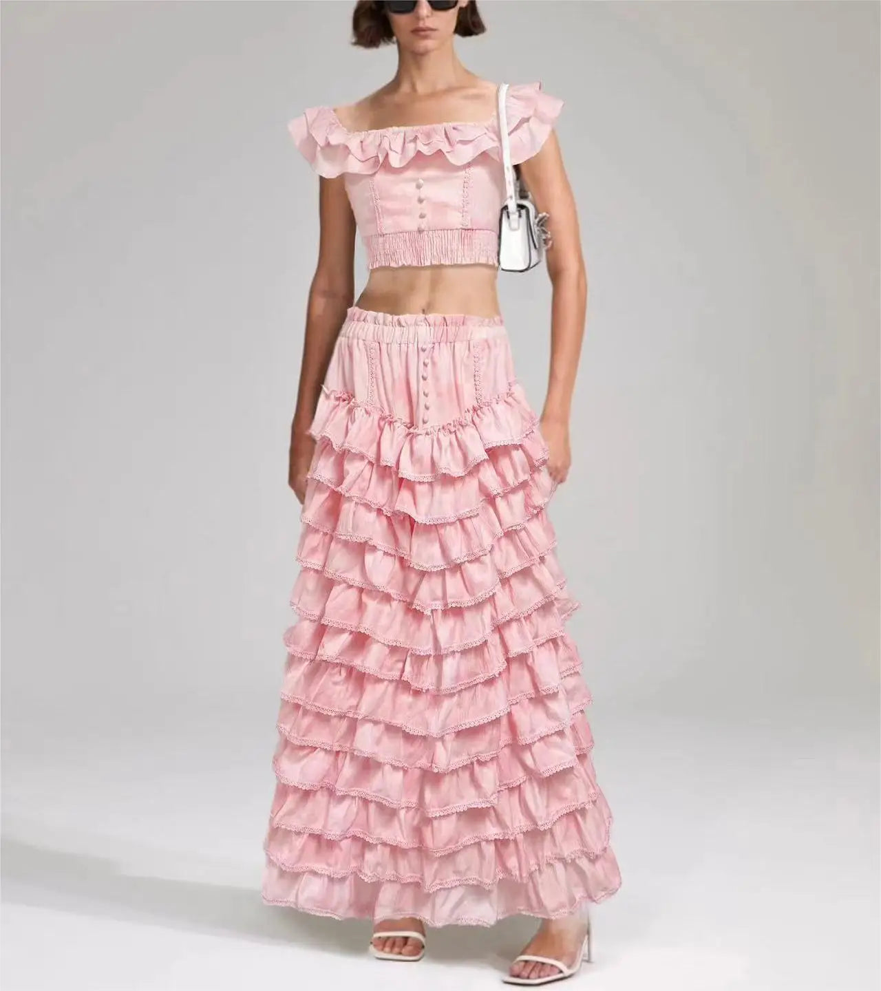 2024 Summer Solid Washed Square Collar Sleeveless Top Waist Layered Long Skirt 2-Piece Casual Suit for Women Polyester/Cotton
