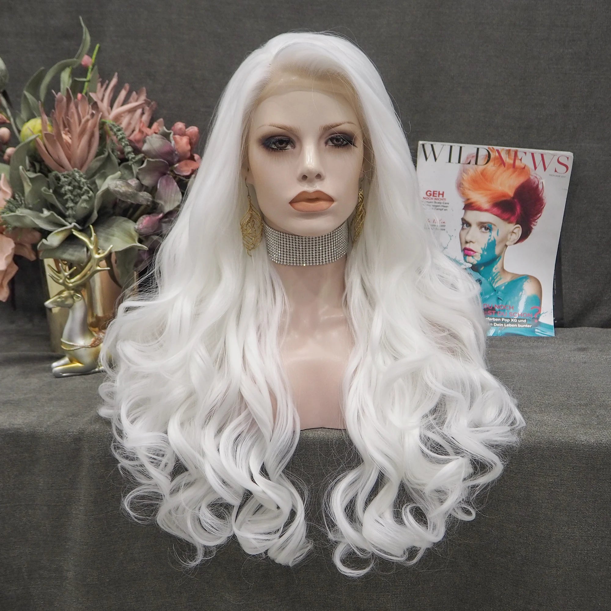 Celebrity Hot Sales White Color with High Temperature 150-180 Density Synthetic Lace Front Wig
