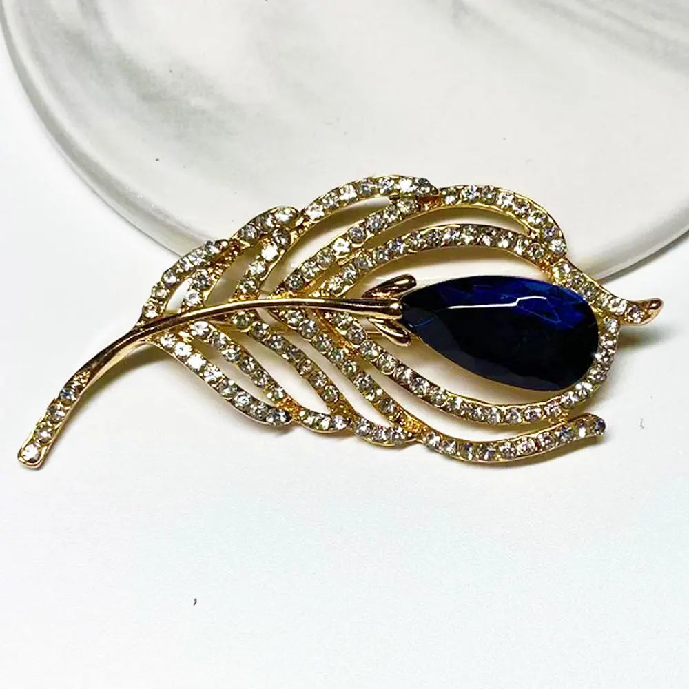 Alloy Brass Rhinestone Beads Paving Leaf Feather Charm Brooches and Pins Handmade Fashion Pendant Necklace Jewelry Women