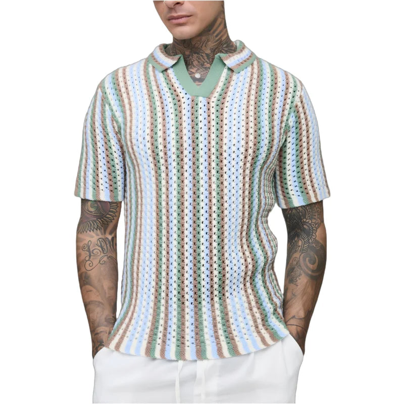 Custom Design Logo Casual Fashion Short Sleeve Striped  Cotton Knitted T-shirt Tshirt Summer Mesh Crochet Men Polo Shirts
