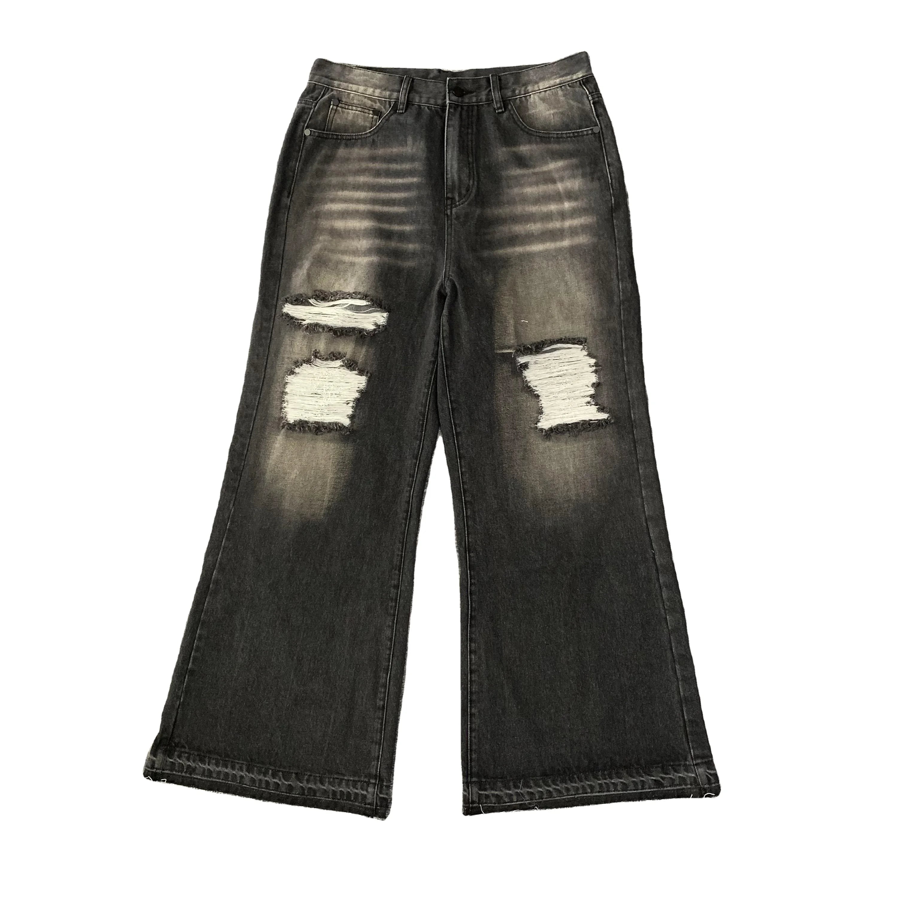 DENIMGUYS Customized Men Vintage Y2k Ripped Jeans Man Fashion Streetwear Wide Leg Destroyed Holes Washed Distressed Denim Jeans