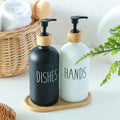 New Dish Soap Dispenser Set With Wooden Base Dispenses Dishsoap and Hand Wash Liquid Black Fortified Glass Bottles
