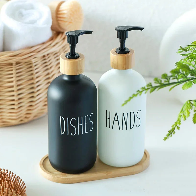 New Dish Soap Dispenser Set With Wooden Base Dispenses Dishsoap and Hand Wash Liquid Black Fortified Glass Bottles