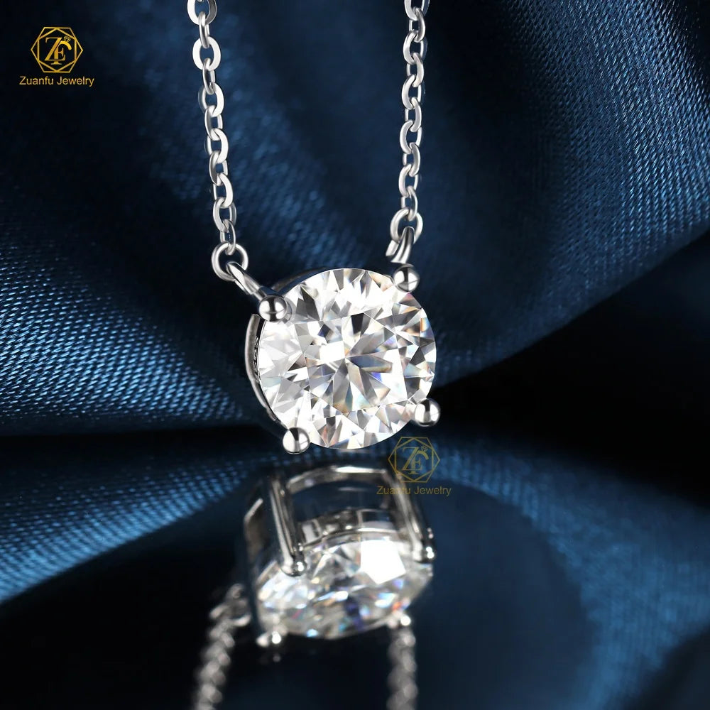 Custom Romantic Jewelry Pure 925 Sterling Silver 2 Carat Round Moissnaite Pendant Necklace Chain Engagement Gift