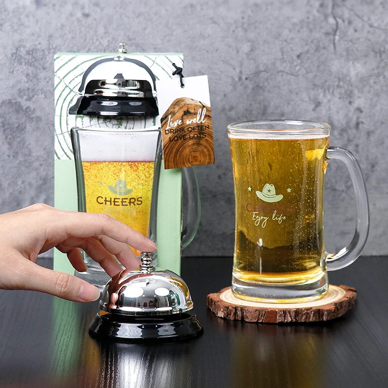 BespritGift Factory Wholesale Creative Beer Mug Kit Glass Cup & Metal Bell Men Birthday Father's Gift Set for Dad & Boyfriend
