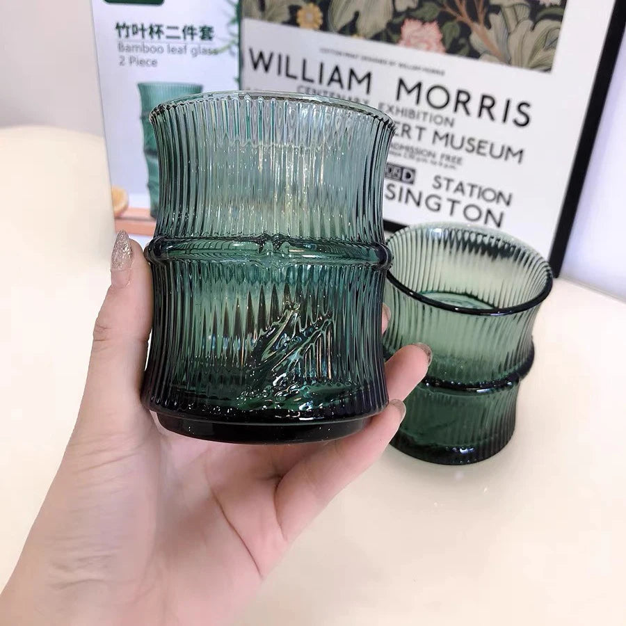 Ribbed Green Bamboo Patterned Embossed Drinking Glasses Small Water Juice Glass Cups
