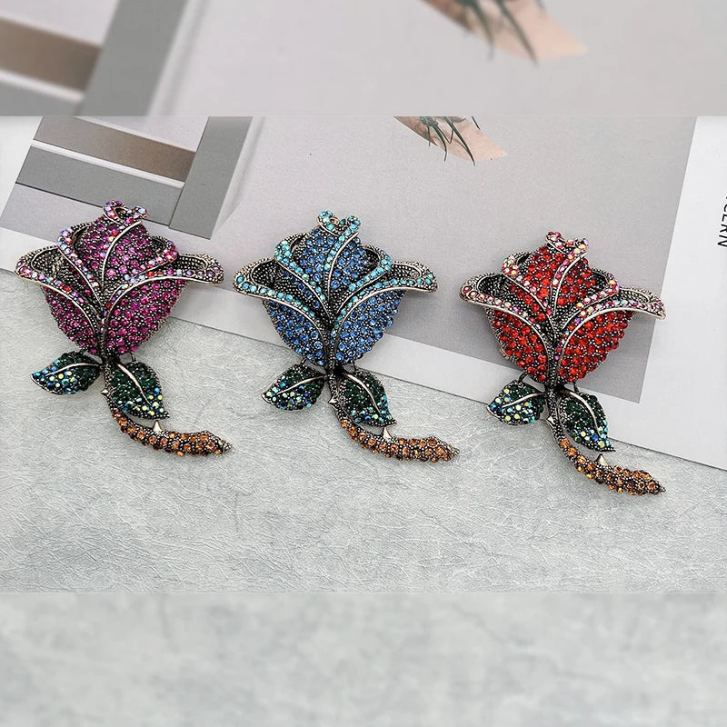Fashion Large Rhinestone Floral Brooches Colorful Diamond Rose Flower Brooch Pin for Gift