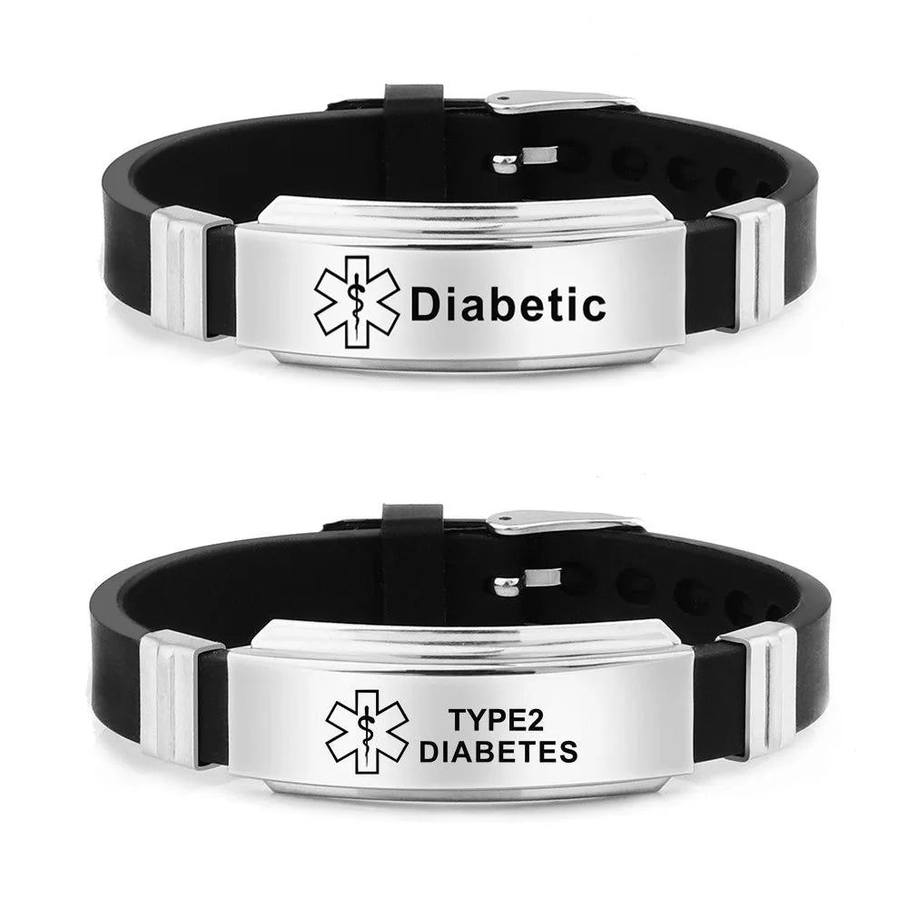 BINSHUO Wholesale Custom Stainless Steel Jewelry Black Silicone Engrave Life Star Medical Symbol Diabetic Alert Sports Bracelet