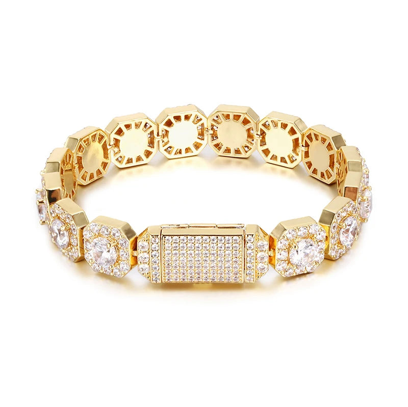 NUOYA 12mm Iced Out Hip Hop Square Bracelets CZ Diamond Gold Plated Men Clustered Tennis Chain Bracelet Hip Hop Jewelry MegaBDM