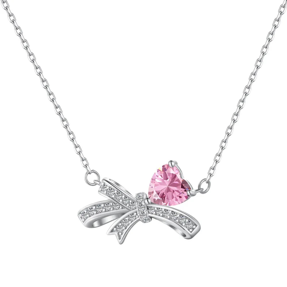 2024 Fine Jewelry S925 Silver Rhodium Plated 5A Cubic Zirconia Pendant Necklace Trendy Bow-Knot Bowtie Link Engagement Party