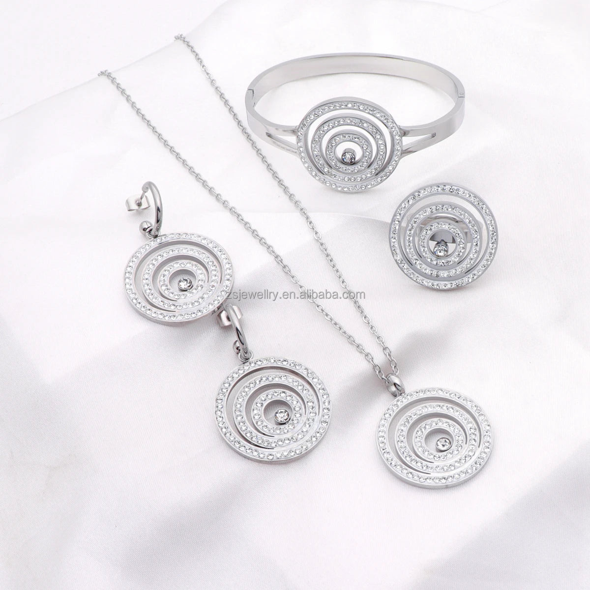 Africa Plated Silver Stainless Steel Jewelry Diamond Jewelry Sets Trade Bracelet Set Geometric Zircon Design Jewelry Set