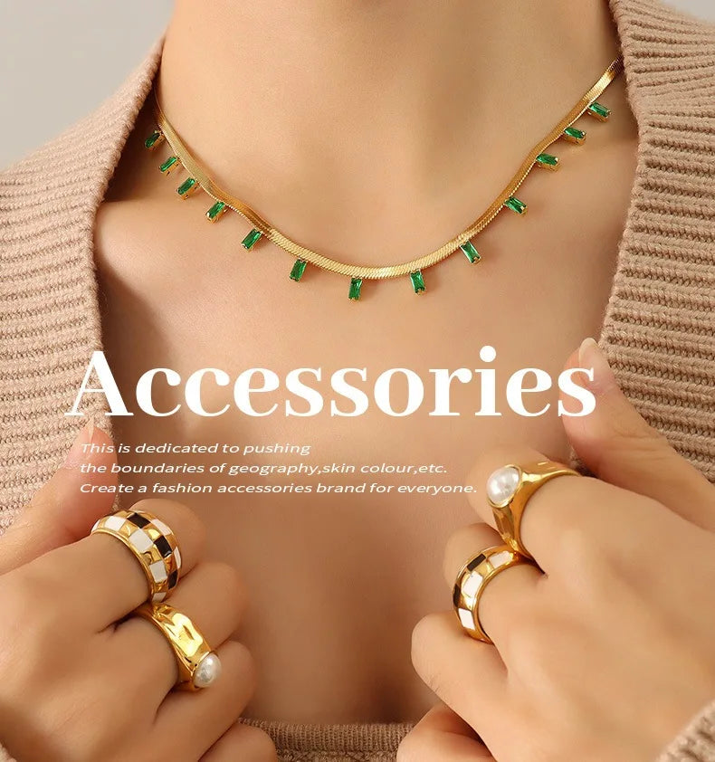 Emerald Stone Mom Women Jewelry Flat Snake Chain Stainless Steel 18K Gold Plated Zircon Choker Crystal Necklaces for Party Gift
