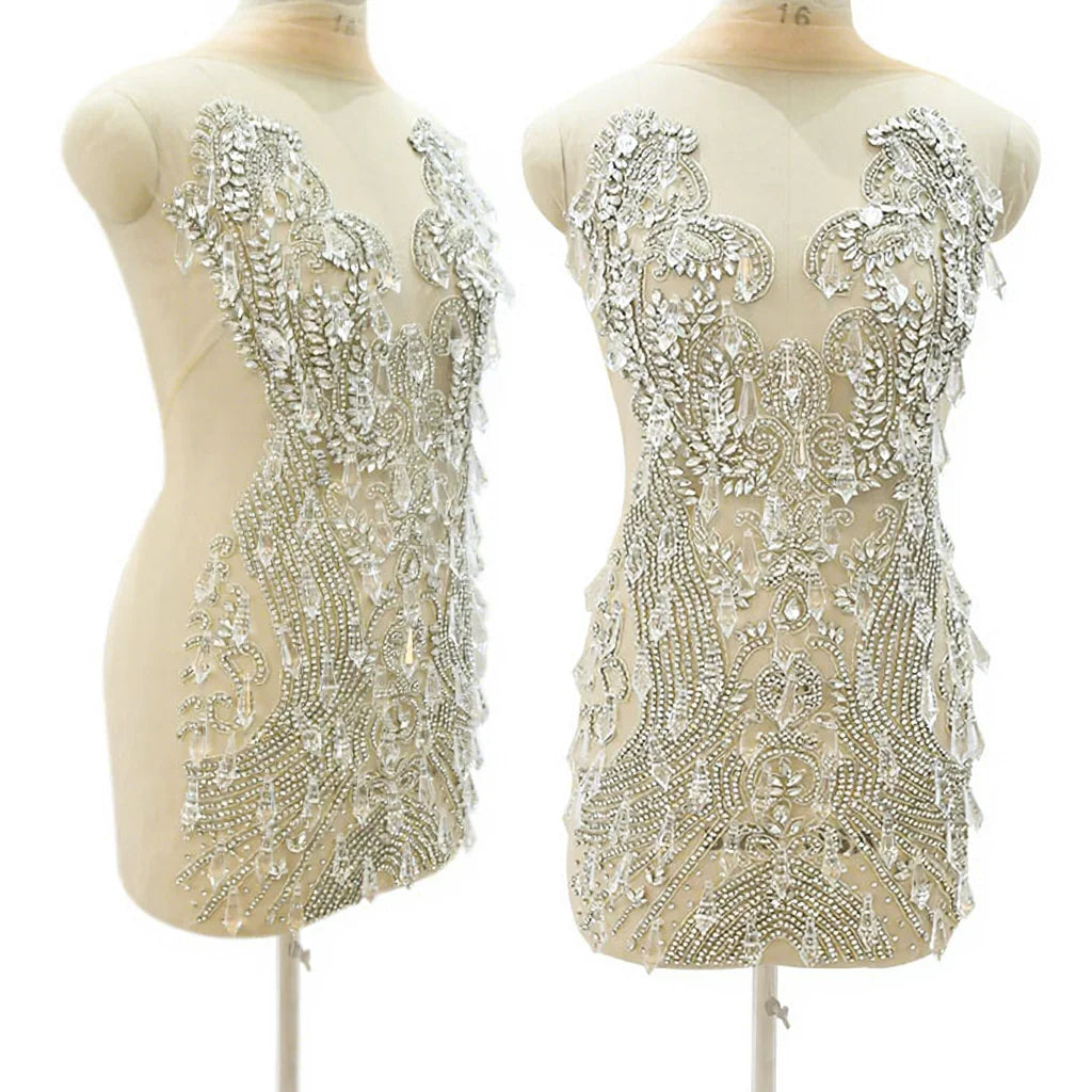 WDP-536 Keering Wedding Dress Silver Crystal Seed Beads With Drop Tip Pendant Acrylic Rhinestone Bodice Applique for Garment