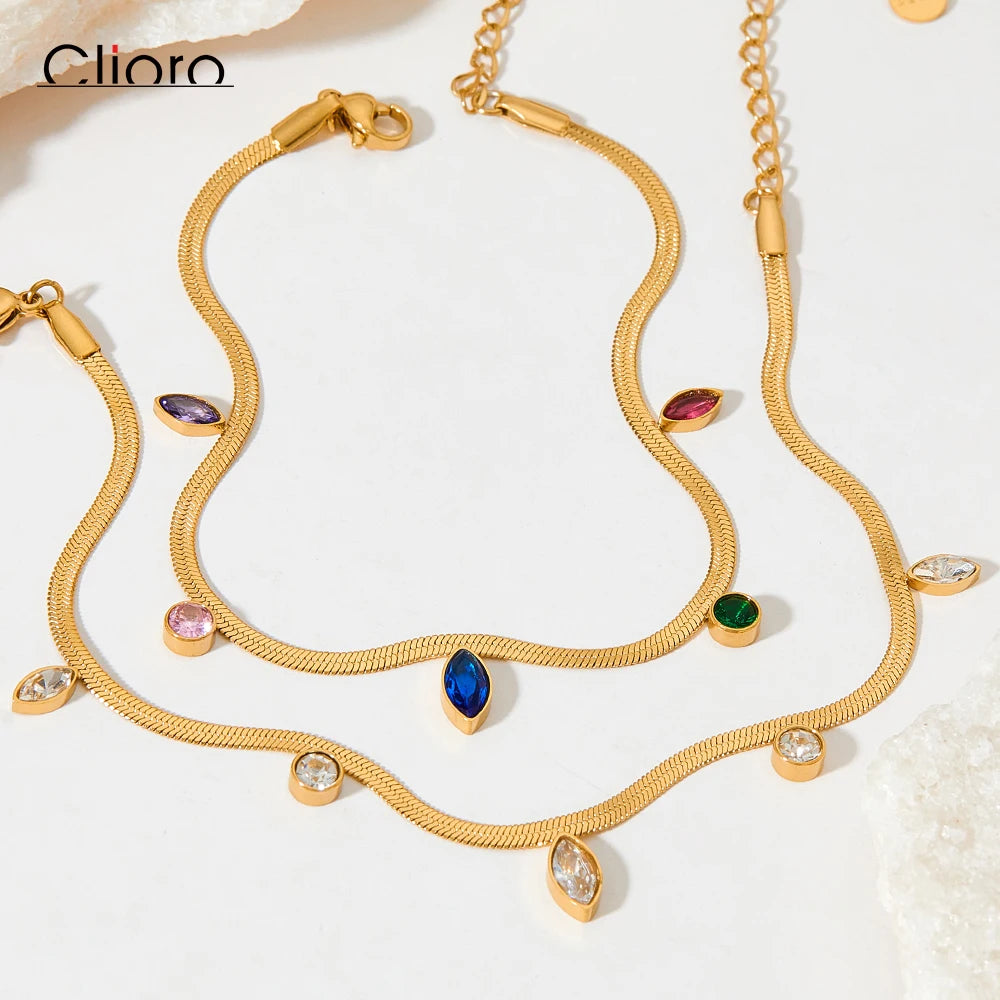Dainty Gold Pvd Snake Chain Stainless Steel Waterproof  Colorful Cubic Zircon Anklet Tarnish Free Foot Jewelry Women