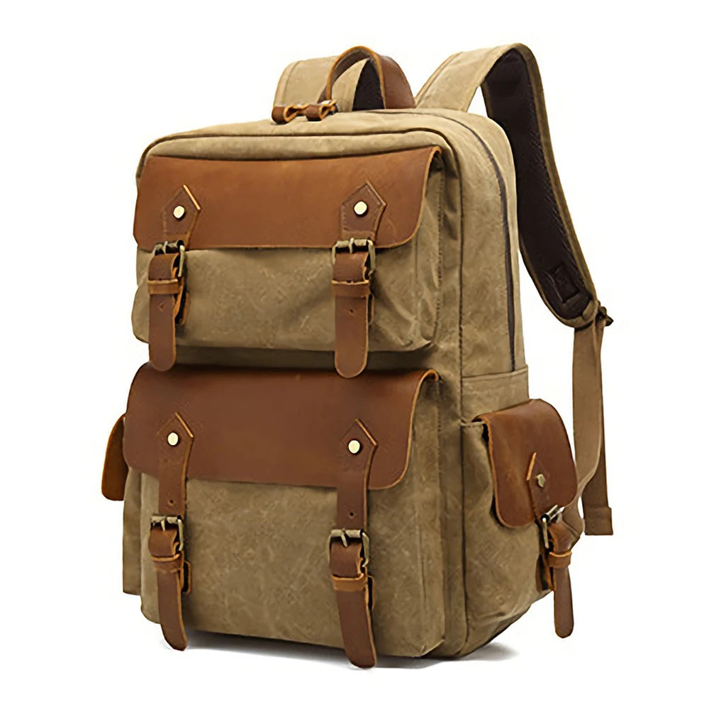 Large-Capacity Vintage Waterproof Durable Fashion Rucksack Soft Strap Waxed Canvas Zipper Closure Polyester Lining for Unisex