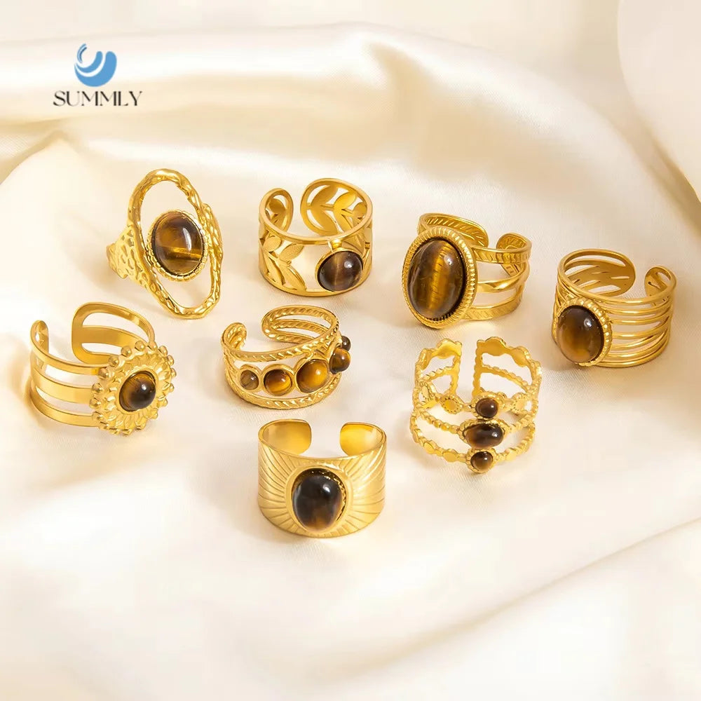 SUMMLY Vintage Wholesale 18K Gold Plated Stainless Steel Open End Ring Personalized Natural Stone Fashion Jewelry